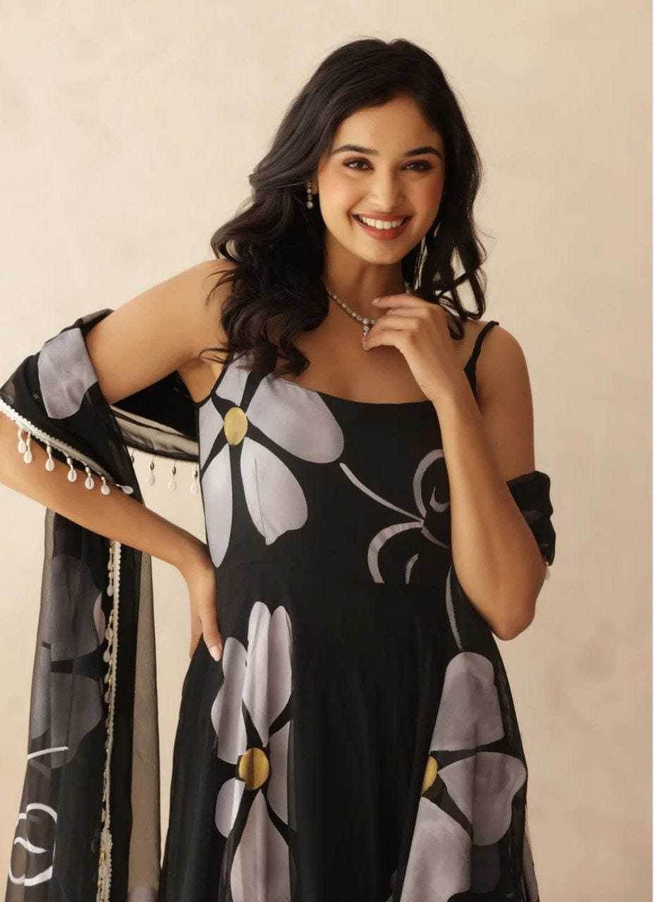 Georgette Printed Black Gown - MYLUXURY LANE ENTERPRISE